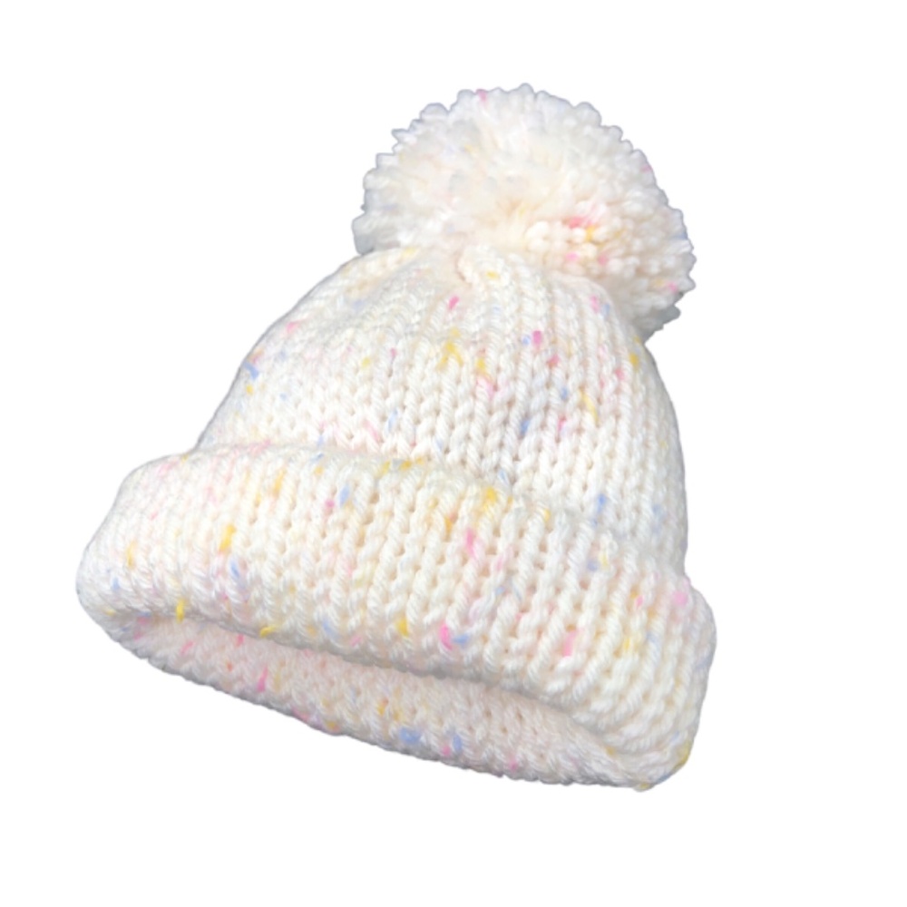 Baby Infant White Speckled Pastels Pom Pom Beanie Hat 0-3 Mos, 3-6 Mos